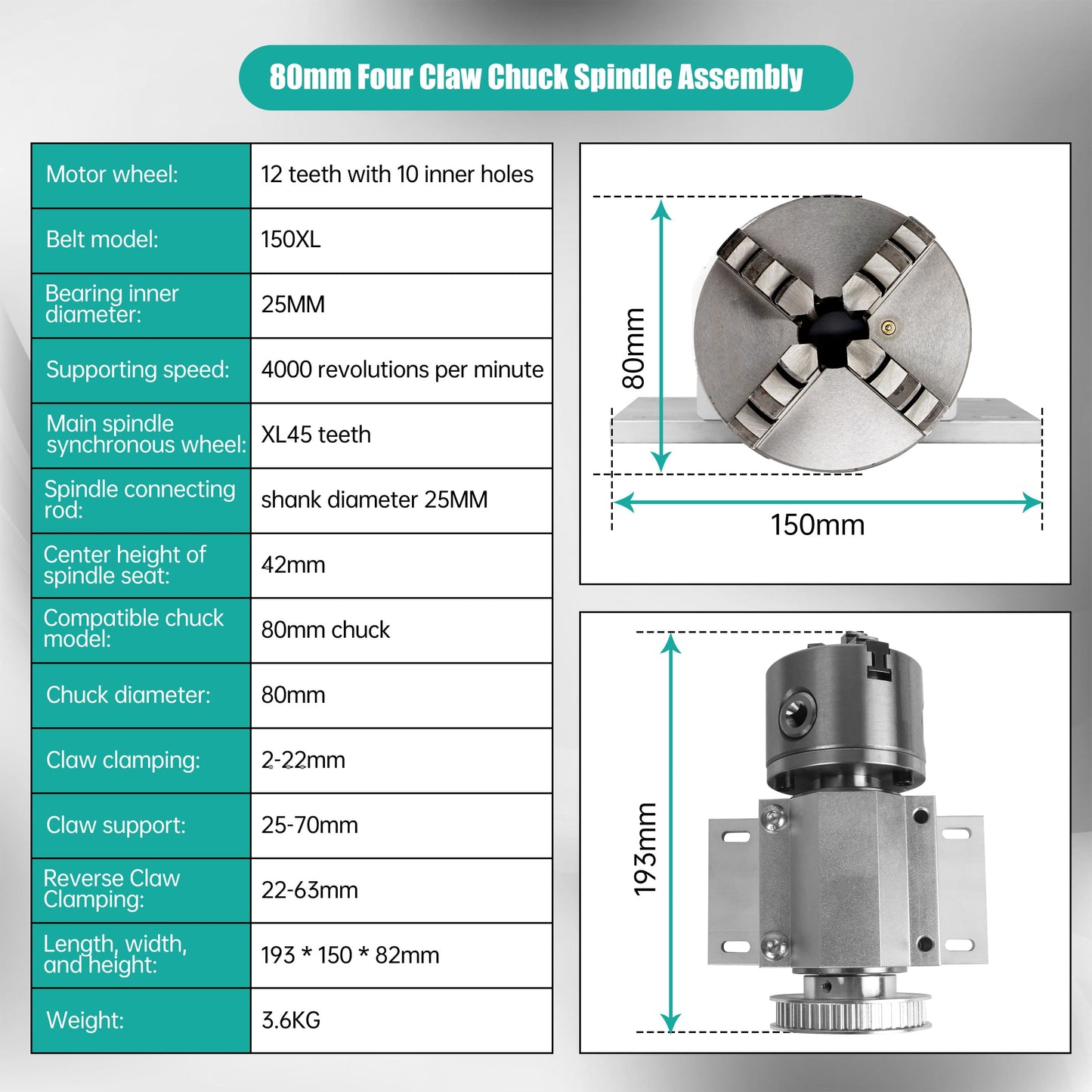 RATTMMOTOR No Powered Multi-Function Lathe Chuck Spindle Assemblies Rotary Lathe Woodworking Motor Chuck 80mm for CNC Lathe Grinder Drilling Machine Table Saw (4 Jaw 80mm)