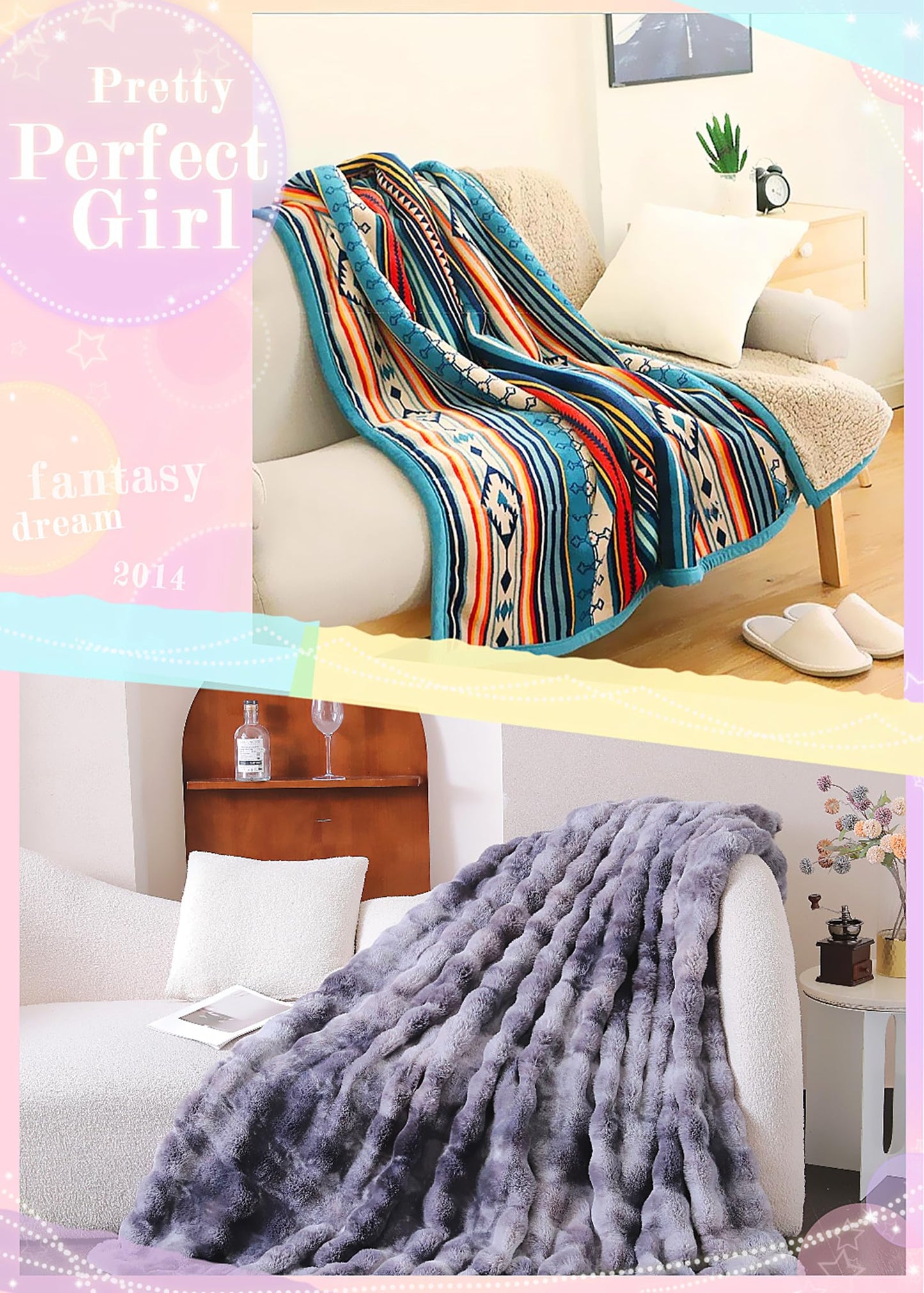 UKELER Boho Sherpa Throw Blanket and Faux Fur Throw Blanket, Soft Cozy Warm Blanket for Bed, Couch, Sofa, Office, Camping, Travel