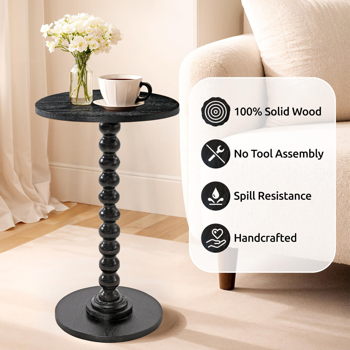LIVINGNISH Solid Wood Round Side Table for Living Room, Bedroom and Office — Handcrafted 22-Inch End Table, Bedside Nightstand, Accent Table for Small Spaces with Tool-Free Assembly- Charcoal Gray