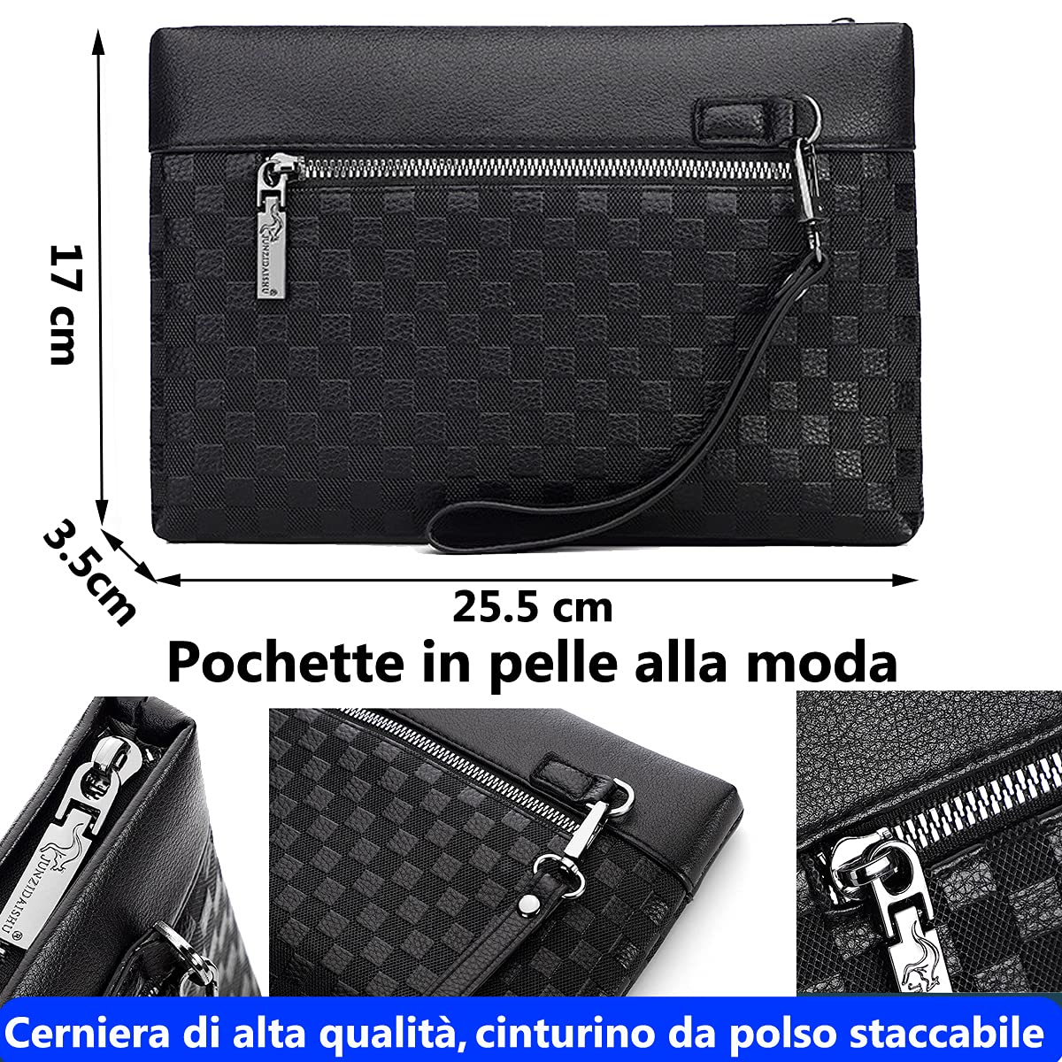 A-QMZL Men's Leather Clutch Bag Large Capacity Business Clutch Bags Wallet Card Slots Pockets with Zipper Wallets for Men with Wrist Strap Wrist Bag Work Travel Casual, Black, 26*17*3.5cm, Retro