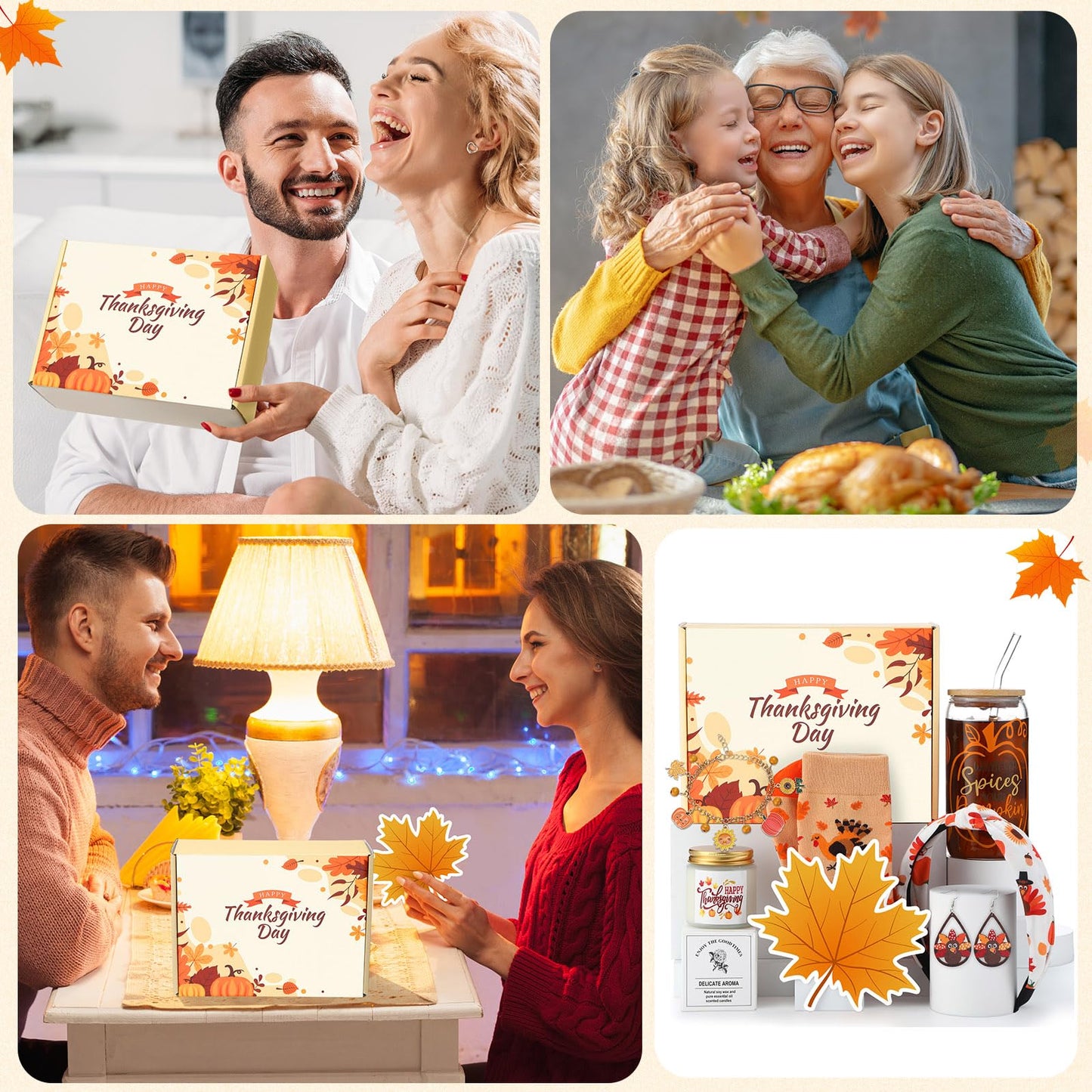 Daifunli 8 Pcs Thanksgiving Day Gifts Set for Women Happy Maple Leaf Gift Basket Includes 17oz Coffee Glass with Lid Straw Scented Candle Bracelet Hairband Socks Earrings Card Box