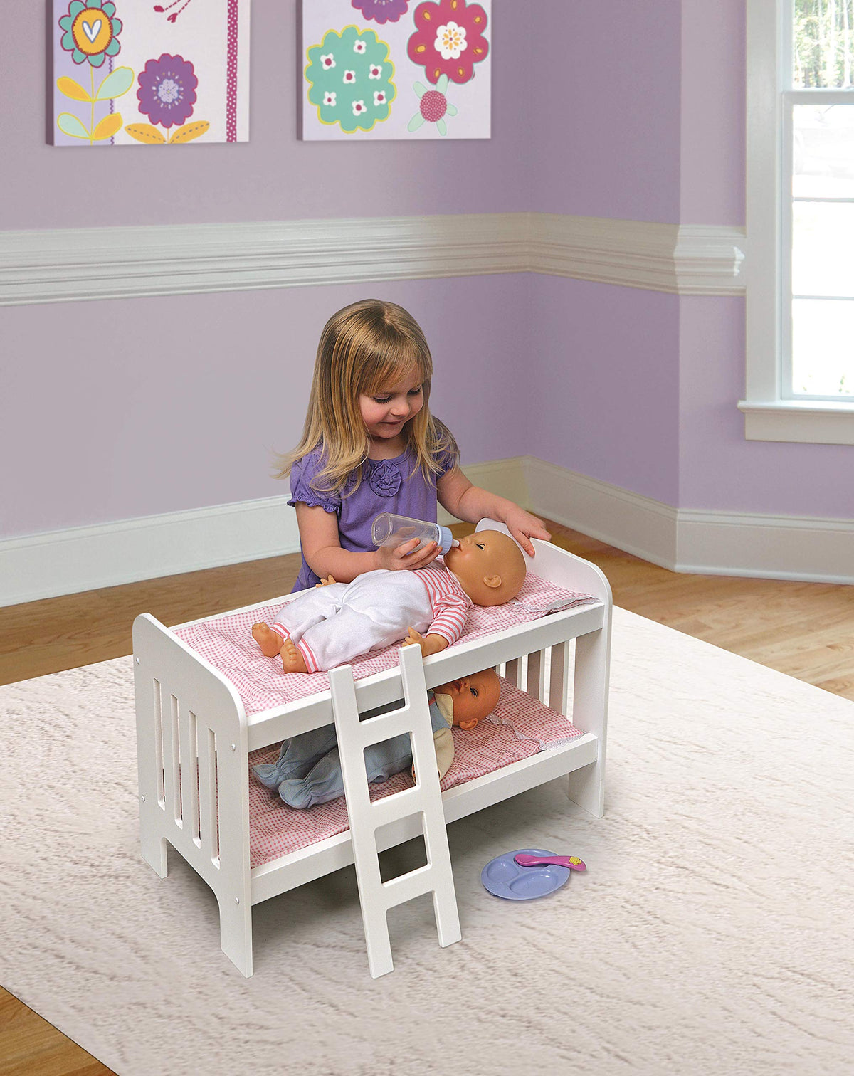 Badger Basket Doll Bunk Bed with Bedding & Ladder - Two Level Wooden Bed for Dolls, Includes Bedding & Accessories- White/Pink Gingham
