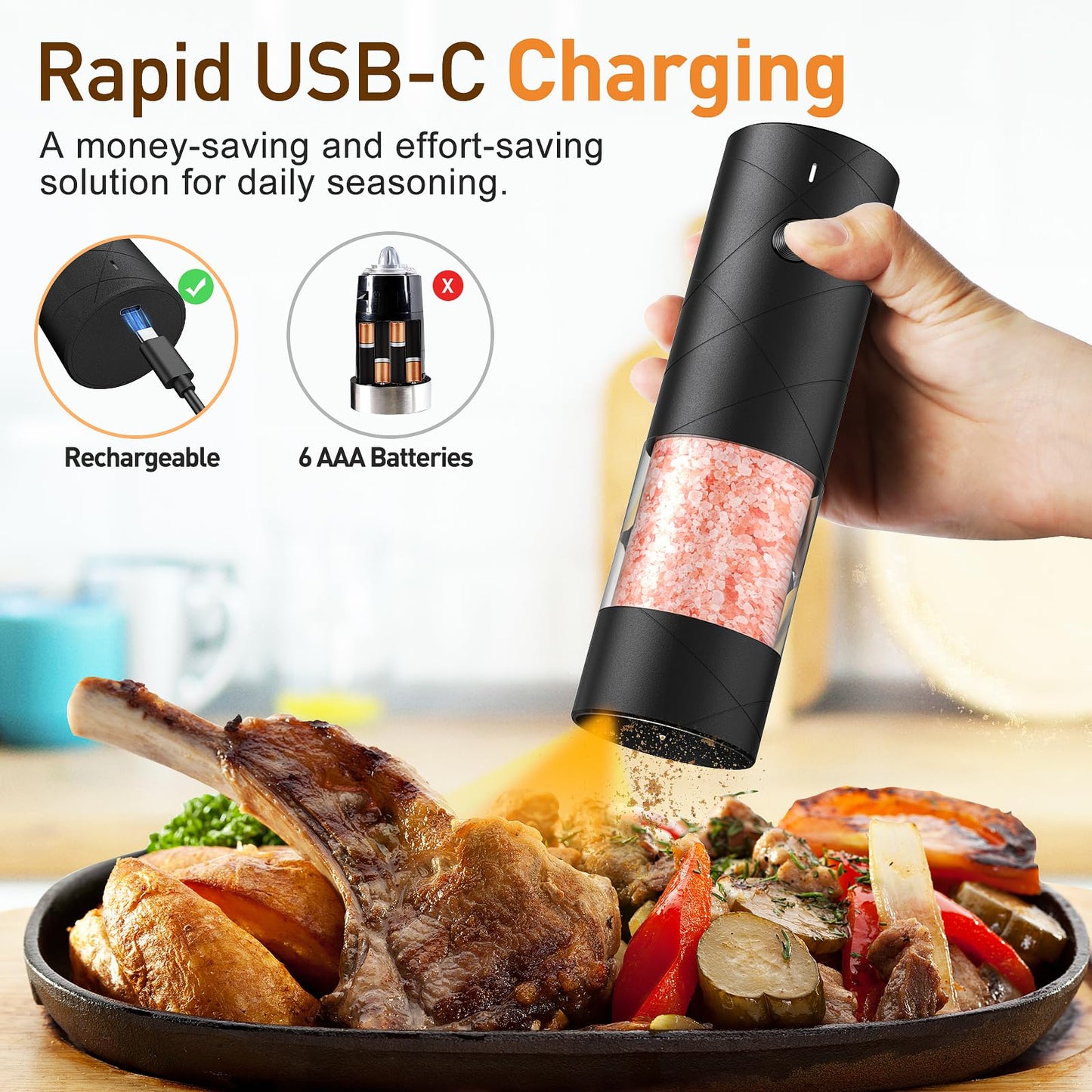 Rechargeable Electric Salt and Pepper Grinder Set, Automatic Salt and Pepper Shakers, Adjustable Coarseness Pepper Grinder with Led Kitchen and Home Appliances Gifts for Women(Blackwhite)