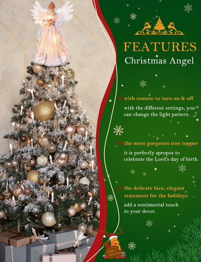 PEEKI Christmas Tree Topper, 12" Angel Treetop with Lights and Remote Control Timer, Christmas Tree Decoration for Holiday Ornament and Home Decor,Silver