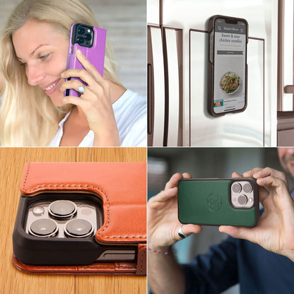 Dreem Wallet Case for iPhone 14 Plus, 2 Way Phone Stand, Magnetic Detachable Vegan Leather Flip Cover RFID Blocking Card Holder, MagSafe-Fit, Gift Box [Fibonacci: Orange]