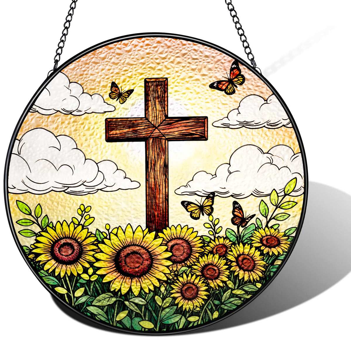 8 Inch Stained Glass Cross Suncatcher with Sunflower & Butterfly Christian Gifts for Women Religious Window Hanging Decor Unique Catholic Easter Birthday Gifts for Mom Grandma (Brown, Medium)