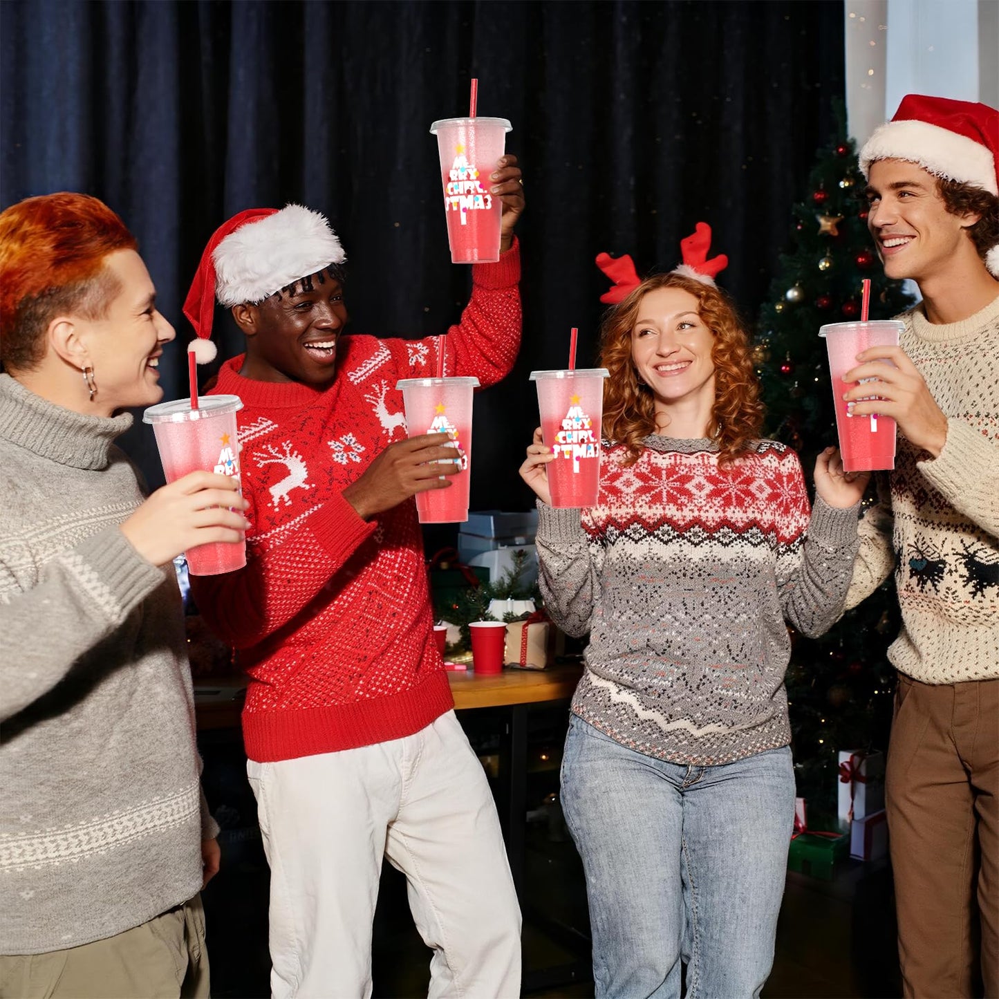 OZMOJOO Christmas Color Changing Cups with Lids and Straws, Reusable Tumblers for Cold Drinks, 5 Pack Holiday Gift Party Cups for Kids, Teens & Adults, 24 oz, Red