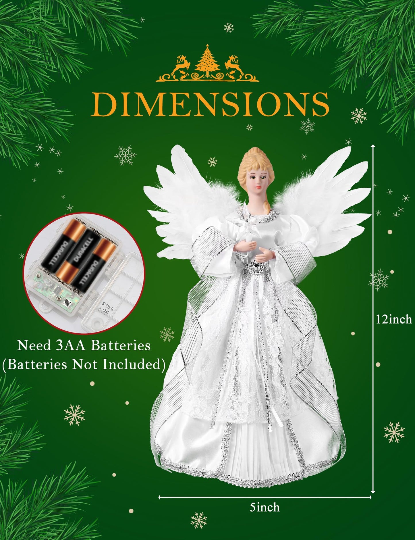 PEEKI Christmas Tree Topper, 12" Angel Treetop with Lights and Remote Control Timer, Christmas Tree Decoration for Holiday Ornament and Home Decor,Silver