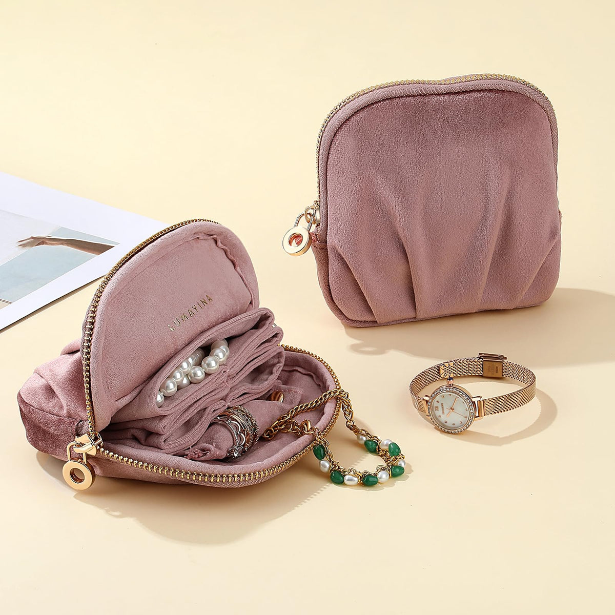 Lumayina Velvet Travel Jewelry Pouch, 2-in-1 Clamshell Case with Detachable Insert, Portable Travel Jewelry Organizer with Wrist Strap, Converts to Mini Coin Purse, Gift for Women & Girls (Dusty Pink)