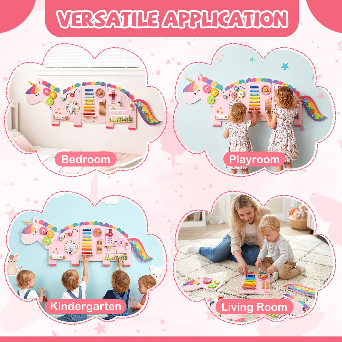 Costzon Activity Wall Busy Board, 11-in-1 Montessori Wooden Sensory Board Panels for Kids 3+, Wall-Mounted Toddler Learning Activity Center for Playroom, Daycare, Nursery, Classroom (Pink)