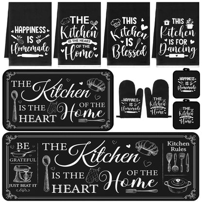 Fourluoo 10 Pcs Farmhouse Kitchen Decor and Accessories Set 4 Kitchen Towels 2 Pot Holders 2 Oven Mitts 2 Rugs for Cooking Baking Mom Housewarming Gifts(Black,Classic Style)