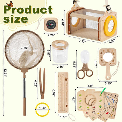 Wooden Bug Catcher Kit for Kids,10PCS Kids Bug Catching Kit with Bug Collector,Butterfly Net,Magnifying Glass,Toddler Bug Habitat Outdoor Explorer Kit Bug Collection,Nature Gift for Boys&Girls