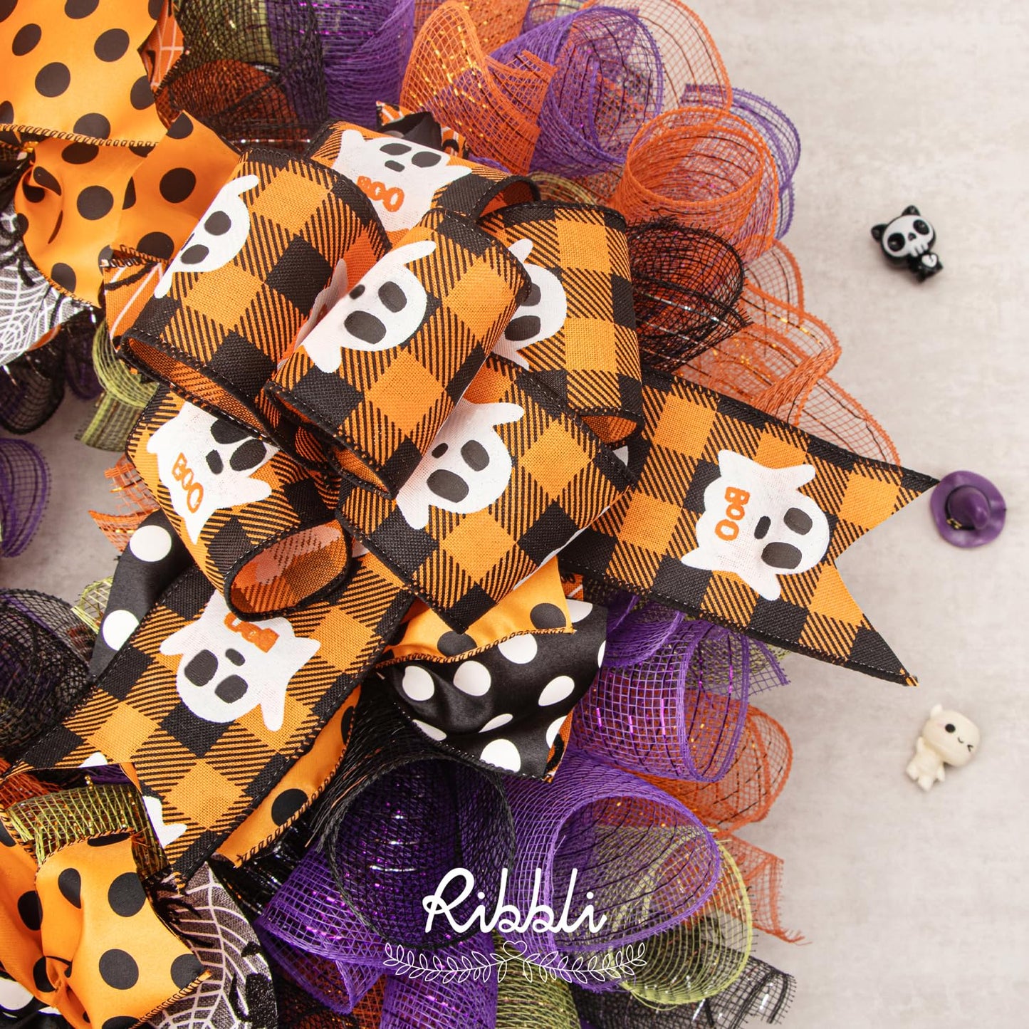 Ribbli Halloween Ribbon Wired,6 Rolls Orange and Black Halloween Ribbon 2.5 Inch Total 90 Feets(30 Yards), Ghost/Spider/Polka Dot/Black Velvet Ribbon for Crafts,Wreaths,Party Decoration