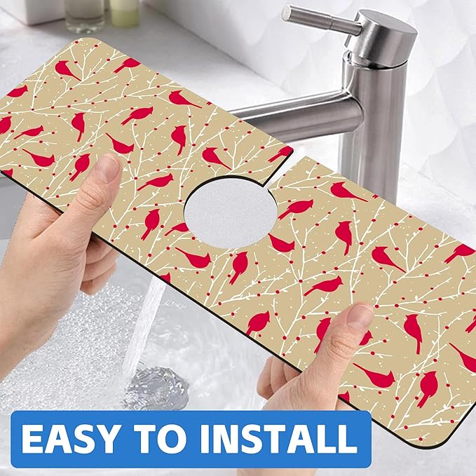 Christmas Cardinal Birds Kitchen Sink Splash Guard Mat Absorbent Fast Drying