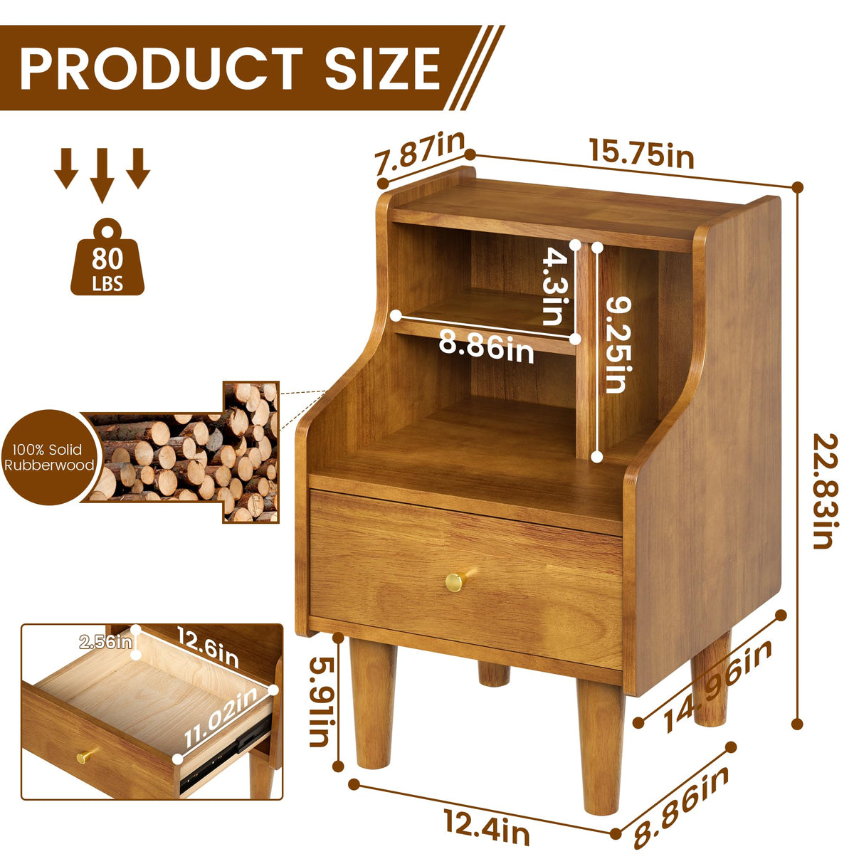 Solid Wood Nightstand, Walnut Bookshelf Nightstand with Open Storage Shelves, Mid Century Modern Night Stand with Drawer, Bedside Table for Bedroom