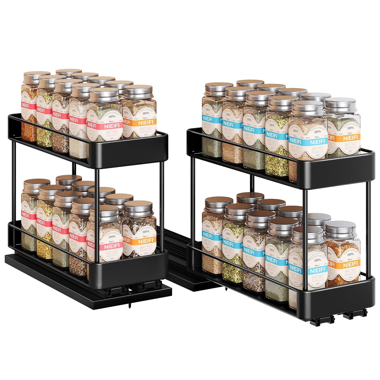 Nieifi Spice Rack Organizer for Cabinet, Vertical Spice Rack Pull Out, Easy to Install, Metal, 4.1''Wx10.35''Dx8.4''H, 2 Pack, 2 Tiers(Black)