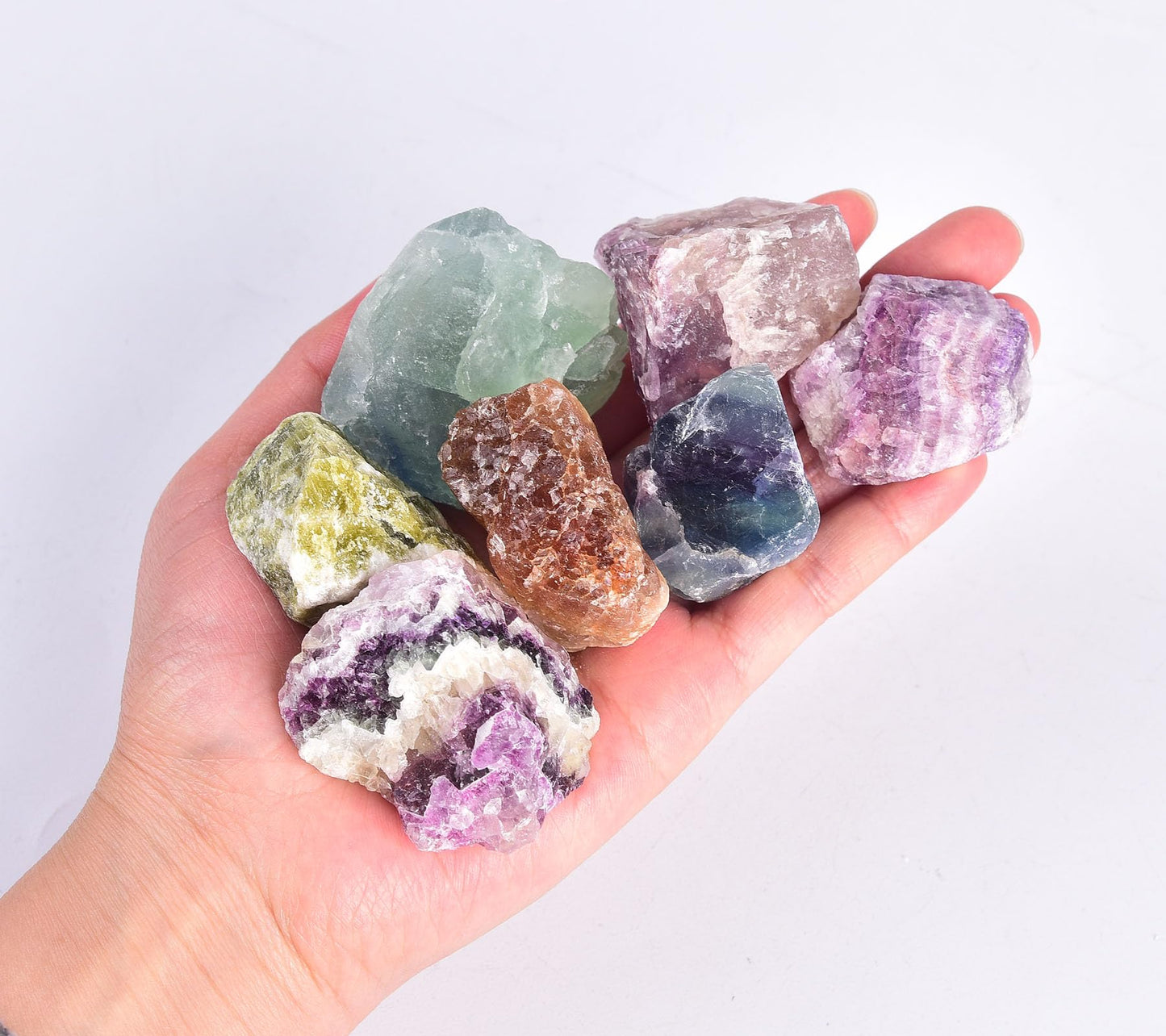 AMOYSTONE 1 LBS Bulk Mixed Fluorite Crystal Set in Display Box - 1-2" Natural Specimens for Office Decor & Collectors