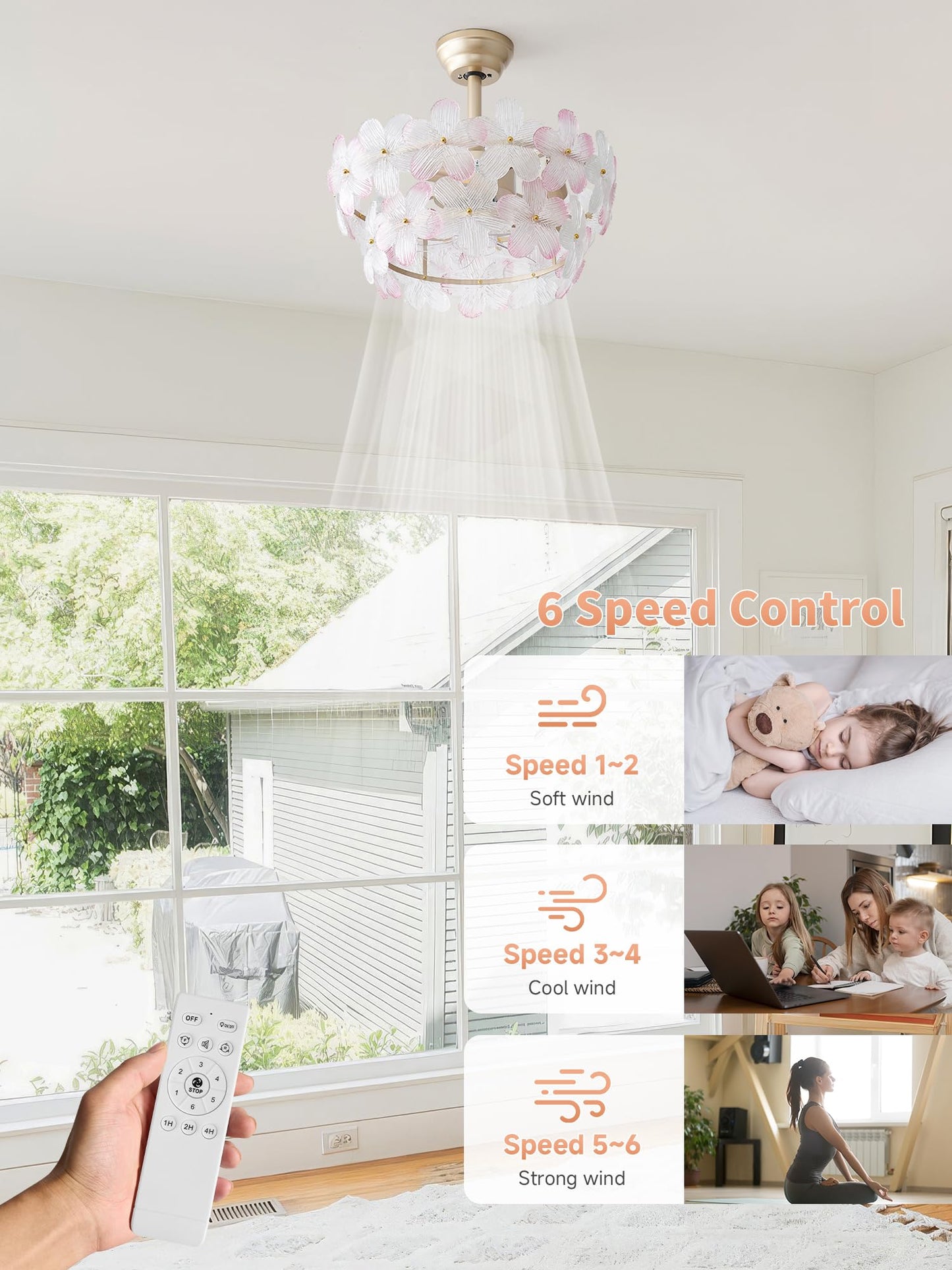 MizWacky Gold Crystal Fandelier Ceiling Fans with Lights, 20" Gold Flower Chandelier Ceiling Fan with Light Remote Control, Caged Mid Century with 6 Speeds for Bedroom, Nursery, Living Room (Pink)