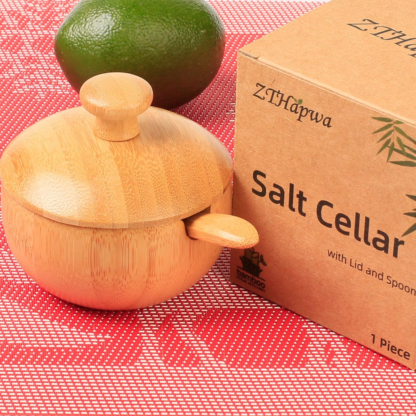 ZTHapwa Bamboo Salt Bowl with Lid and Spoon, Small Wooden Spice Cellar for Storing Salt/Pepper/Herbs, Mini Rustic Seasoning Container Holder for Kitchen Countertop, 1/4 Cup Capacity