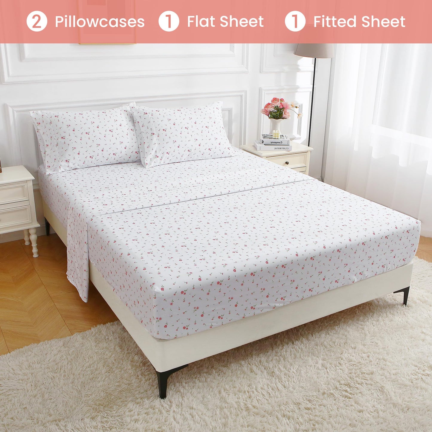 Softan Pink Flower Sheets for King Size Bed - 4 Piece Microfiber Floral Sheet Set with 15" Deep Pocket, Cute Pink Spring Flower Sheets and Pillowcase Set