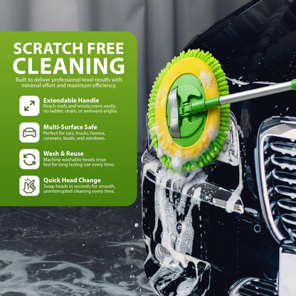 ZENO Car Cleaning Brush | Car Wash Brush | Microfibre Mop with Mittens | Car Washing Brush | Car Wash Kit for Cleaning Van Truck Caravan | Scratch Free 2 x Mop Heads | 1 x Extendable Pole 53-104cm