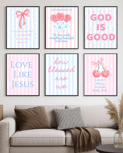 Coquette Pink & Blue Bow Wall Art Decor Posters - Blue & Pink Bow Christian Room Bedroom Bathroom Dorm Wall Art - Christian Inspirational Bible Verses - For College Teen Girls & Boys Gifts- Set Of 6 Pieces 8 x 10 Inch (UNFRAMED)