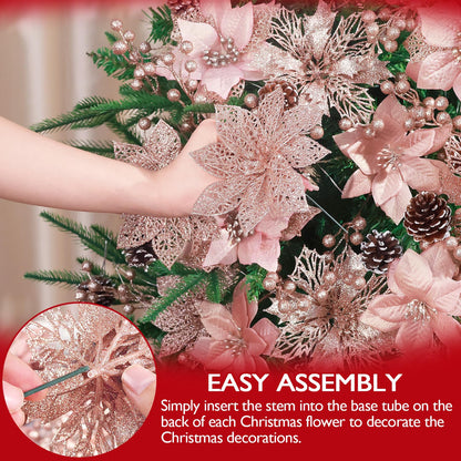 56 Pcs Christmas Decorations, 4 Styles Poinsettias Artificial Christmas Flowers Glitter Berries Stems Ornaments Tree with Pine Cones & Stems for Xmas Wedding DIY Wreath Floral Party (Rose Gold)