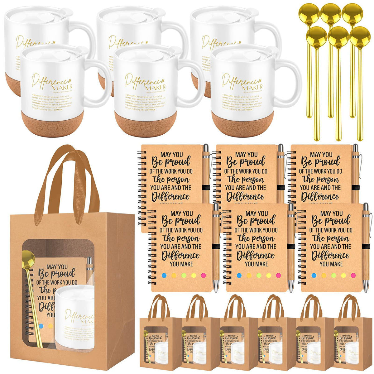 Noxglory 6 Set Employee Appreciation Gifts Inspirational Coffee Mug Spoon Motivational Spiral Notebooks Pens with Gift Bags Thank You Gifts for Men Women Team Coworker Staff Teacher
