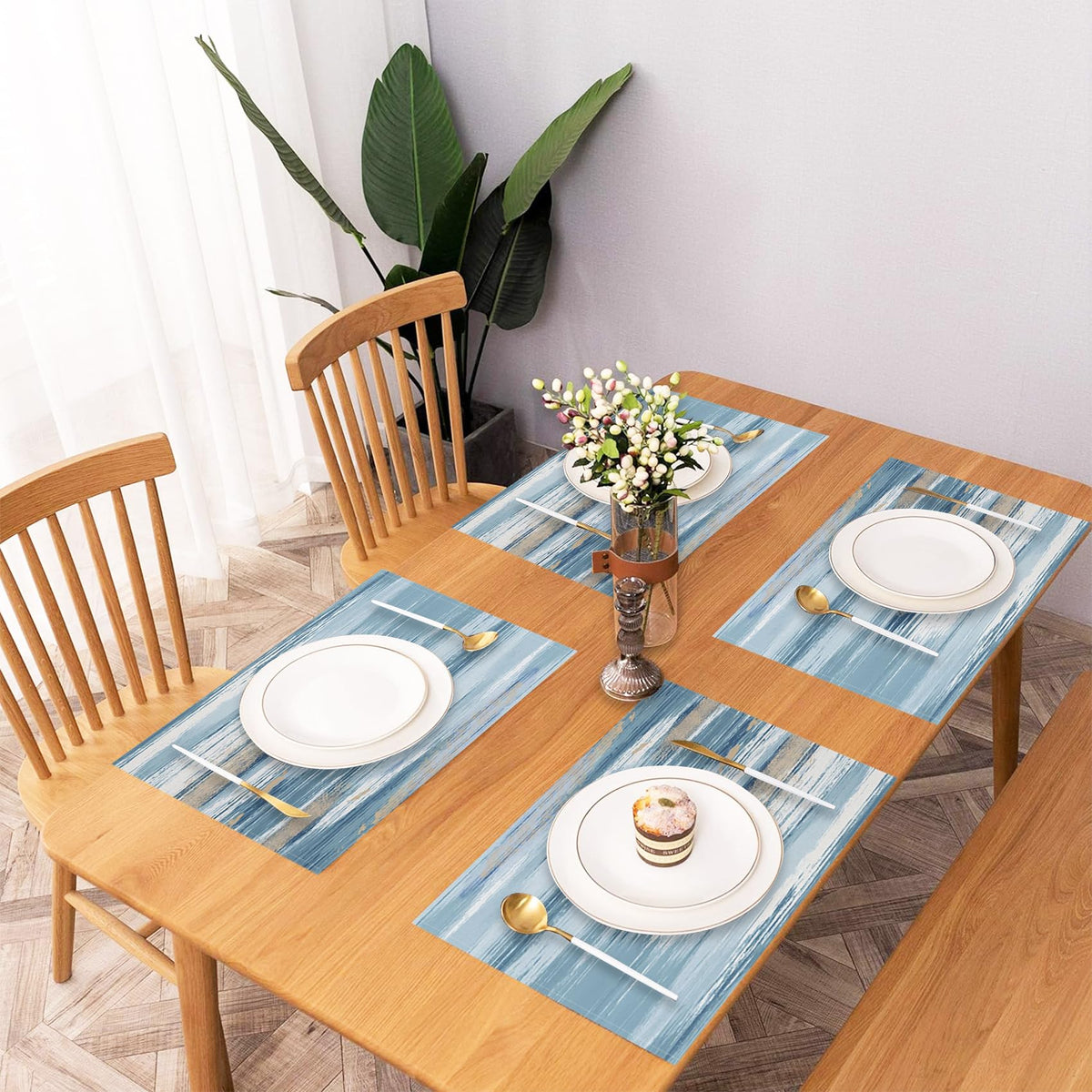 AOFOTO Abstract Placemats Set of 4 for Dining Table Blue Boho Ombre Grunge Rustic Wooden Place Mats Washable Rectangular Art Painted Table Mats for Home Kitchen Restaurant Decor 12x18 Inch