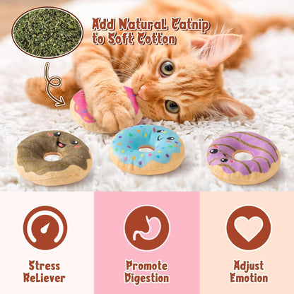 L1rabe Donut Catnip Stuffed Toys for Cats - 5Pcs Summer Gift Funny Dessert Organic Cat Toys Pet Supplies, Indoor Cats Chew Bite Teething Tools Kittens Catmint Birthday Present Interactive Supplies