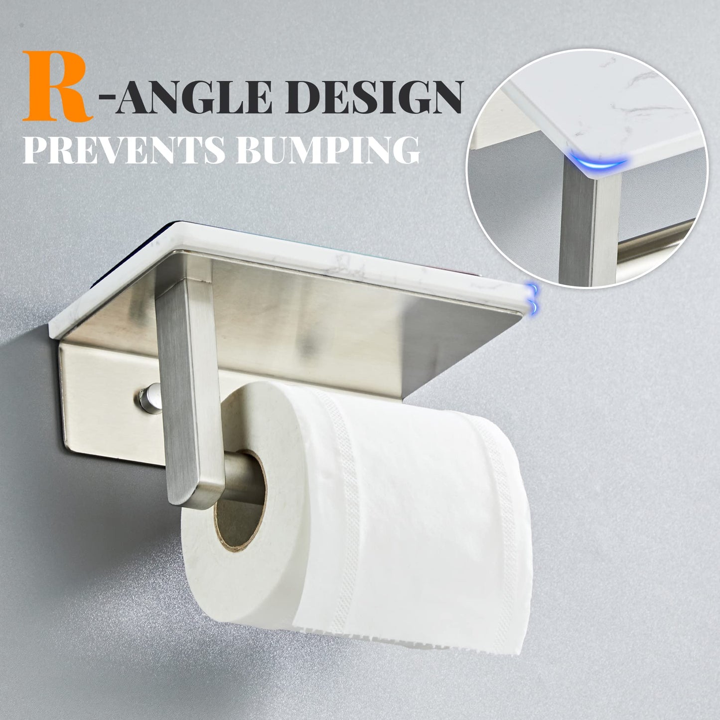 Brushed Nickel Toilet Paper Holder with Shelf, 304 Stainless Steel Screw Wall Mounted, Marble Tissue Roll Holder with Storage