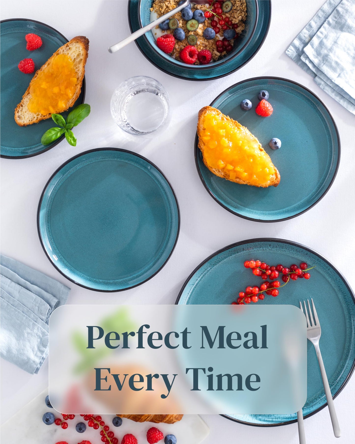 Stoneware large soup bowls set 4 pcs – 27 oz dark petrol blue pasta & cereal bowls 5.5" – Dishwasher and microwave safe – Modern kitchen bowl set – Dinner service Pure Living