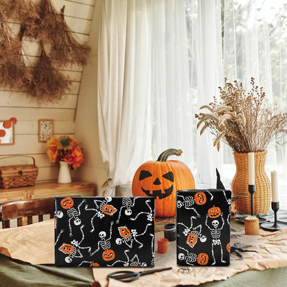 Whaline Halloween Wrapping Paper -Mini Roll- 17 Inch x 32.8Ft Black Dancing Skeleton Pumpkin Gift Wrap Paper Spooky Art Paper for Birthday DIY Crafts