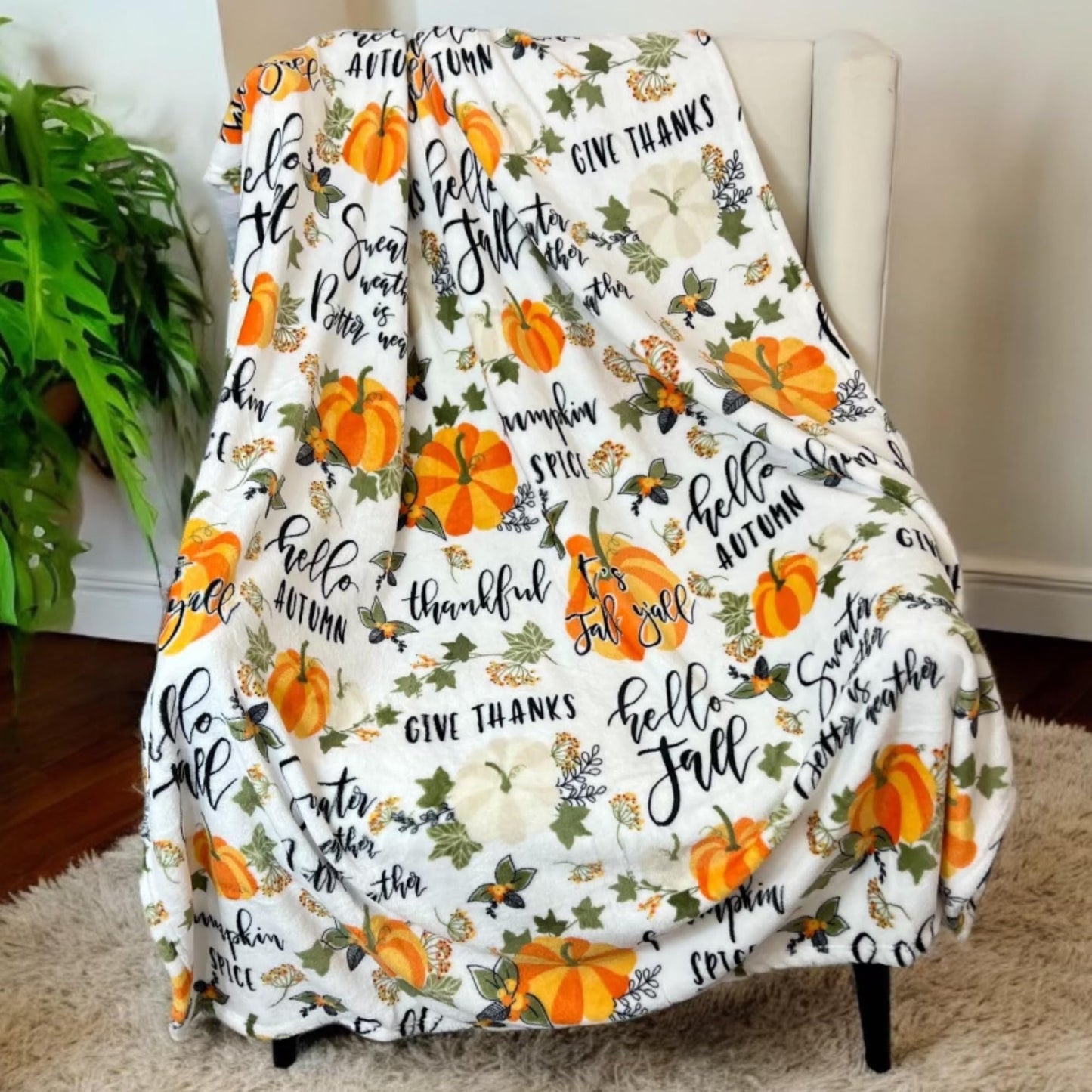 Fall Throw Blanket: Colorful Autumn Harvest Time Saying and Pumpkin Print on Soft White Velvet Fleece for Sofa Bed Couch Chair or Dorm