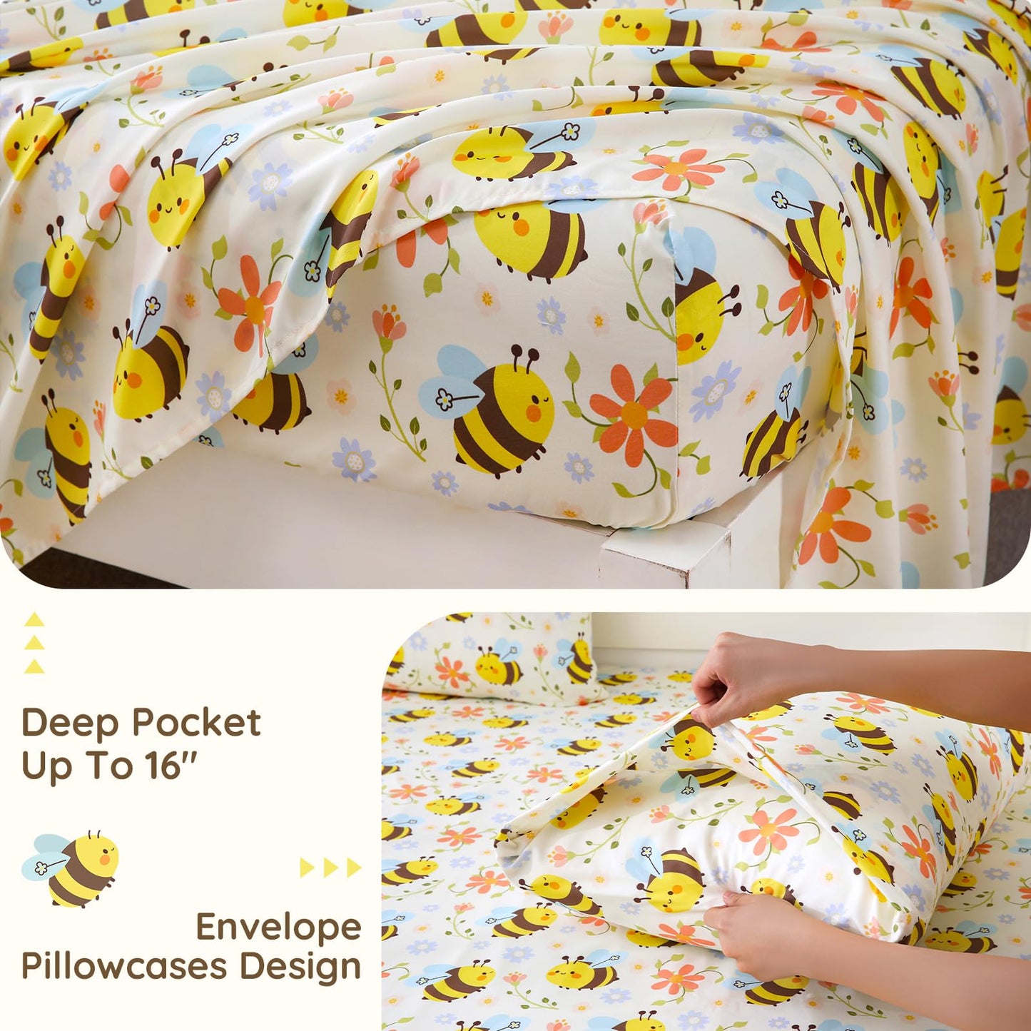MCO Yellow Bee Twin Sheets Set Kids, Soft Microfiber Bed Sheet Set for Boy Girls, 3 Pieces Breathable Twin Sheets