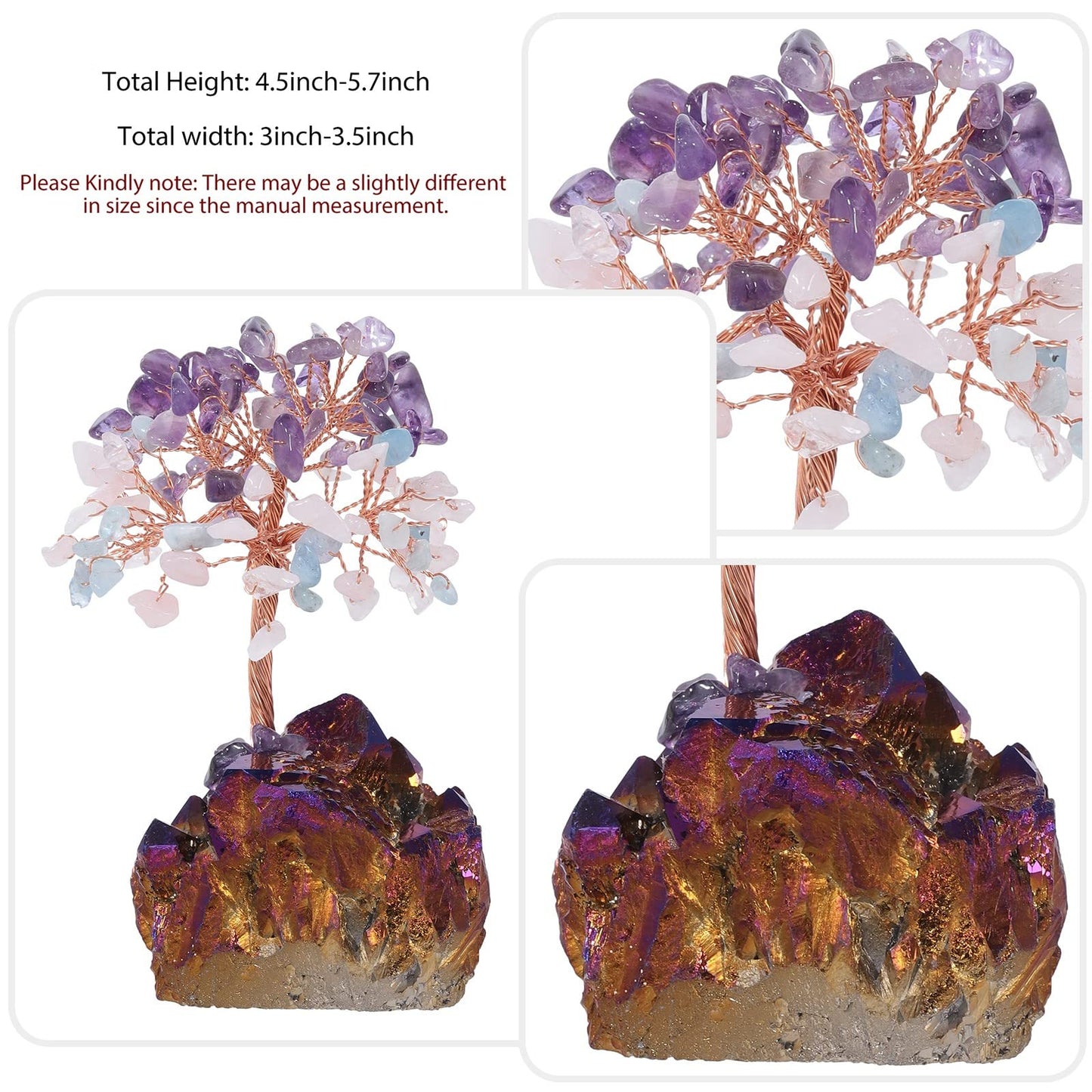 moonsix Feng Shui Crystal Tree with Purple Gold Titanium Coated Rock Quartz Cluster Base Lucky Money Bonsai Healing Tree, Amethyst & Rose Quartz & Aquamarine