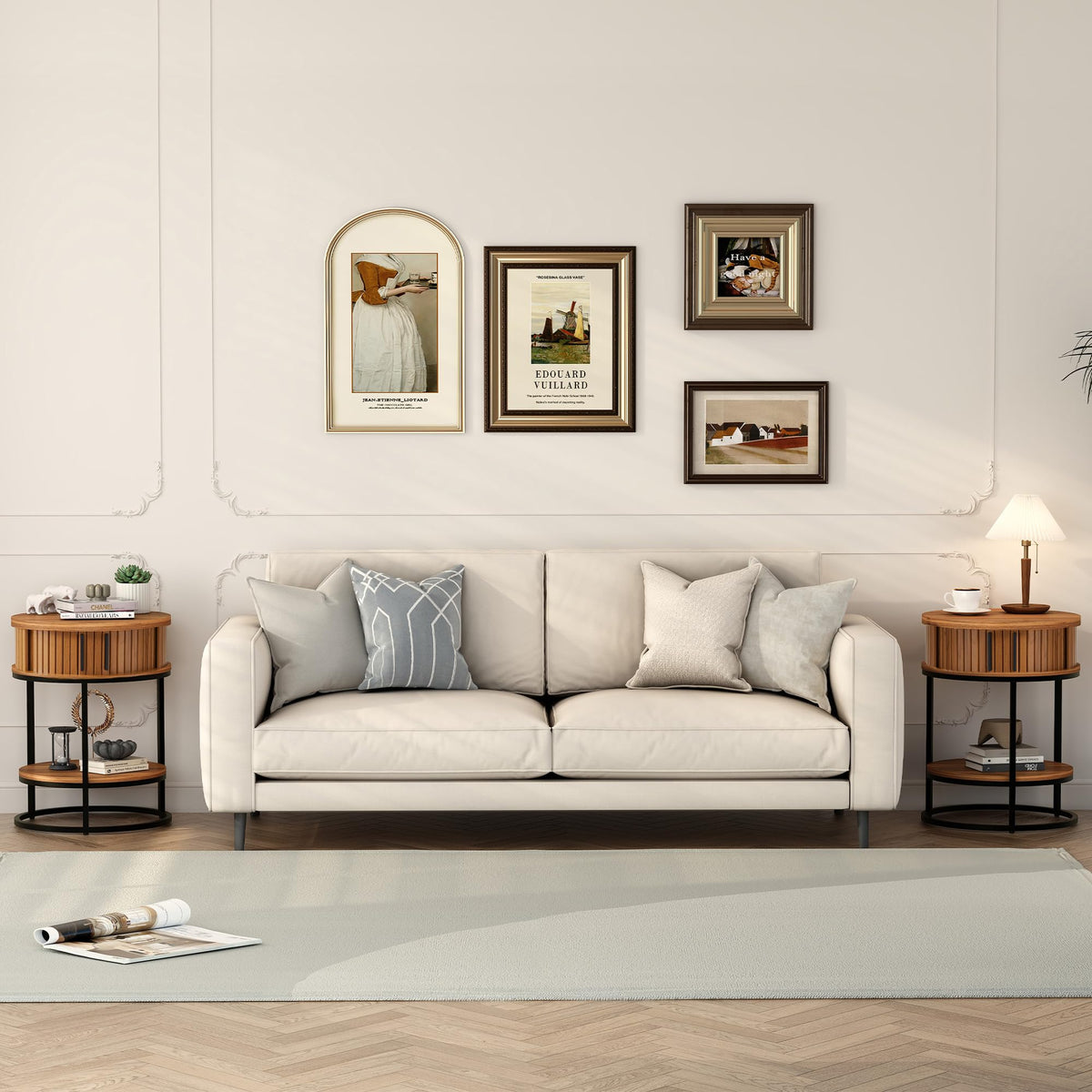 Turtle&Myrtle Small Round Side Table with Storage, 2-Tier Wooden End Table with Sliding Door and Shelf, Mid-Century Circle Nightstand for Living Room, Bedroom, Walnut, 2PC