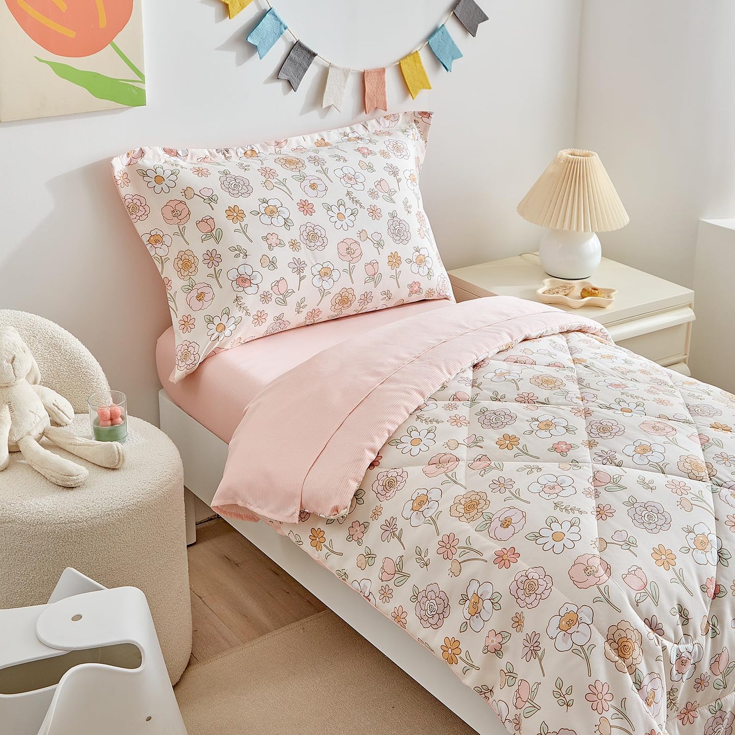 DuShow Floral 4 Piece Girls Toddler Bed Comforter Set Pink Flower Reversible Toddler Bedding Set Soft Baby Crib Bed Sheets Set in a Bag | Include Quilt Comforter,Flat Sheet,Fitted Sheet,Pillowcase