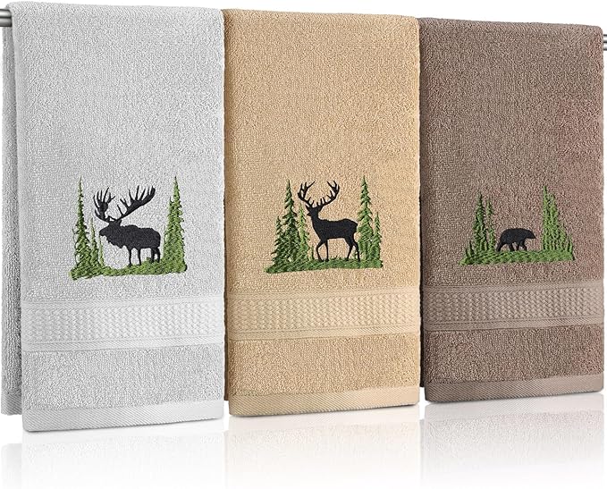 3 Pcs Farmhouse Cabin Bear Hand Towels Forest Moose Deer Embroidered Rustic