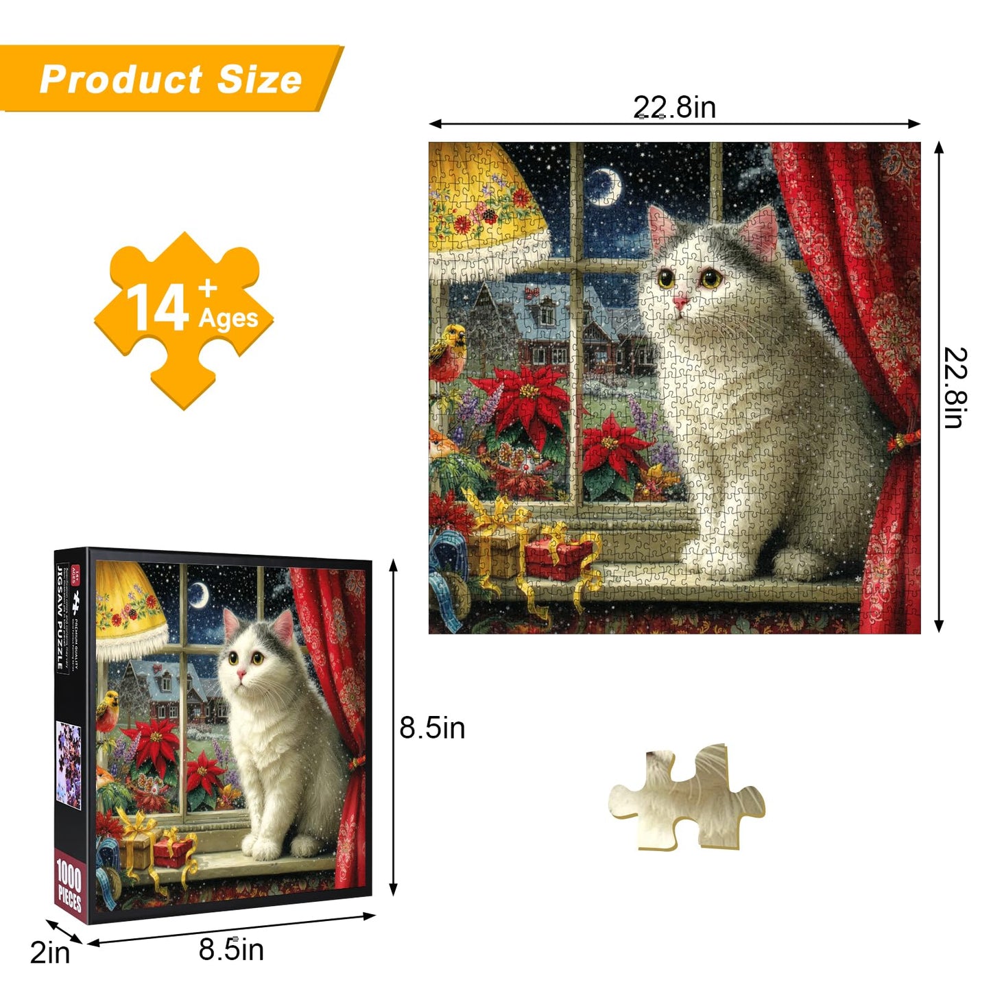 1000 Piece Jigsaw Puzzle, Gray & White Cat on Winter Window Sill