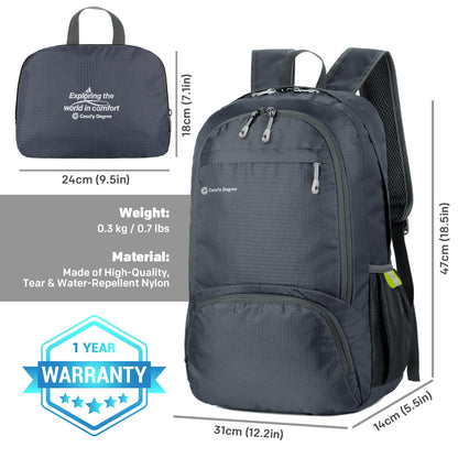 ComfyDegree Ultralight Foldable Hiking Backpack | 30L Packable, Waterproof, Lightweight, Travel Rucksack | Men & Women Large Bag for Work, Gym, Outdoor Camping, Walking, Cycling, Sport Daypack (Gray)
