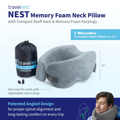 TRAVELREST Nest Neck Pillow Travel Essentials - Memory Foam Pillow and Patented Design, Support for Long Flights, Travel Accessories, Comfortable and Compact, Washable, Attaches to Luggage - Gray