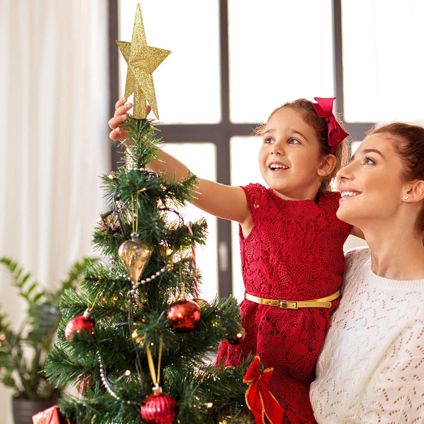 Livder 8 Inches Christmas Tree Top Crown Glitter Star Decoration (Golden)