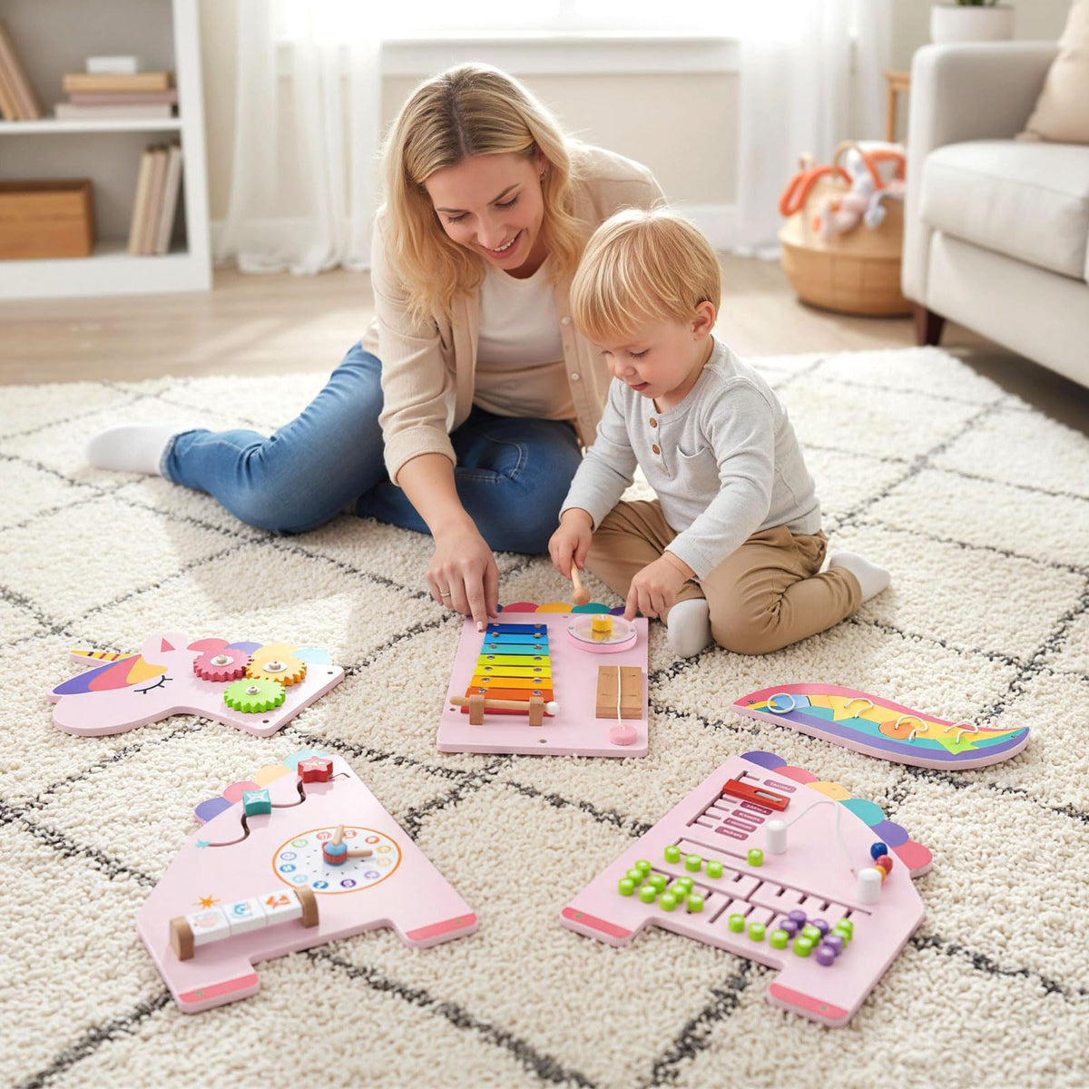 Costzon Activity Wall Busy Board, 11-in-1 Montessori Wooden Sensory Board Panels for Kids 3+, Wall-Mounted Toddler Learning Activity Center for Playroom, Daycare, Nursery, Classroom (Pink)