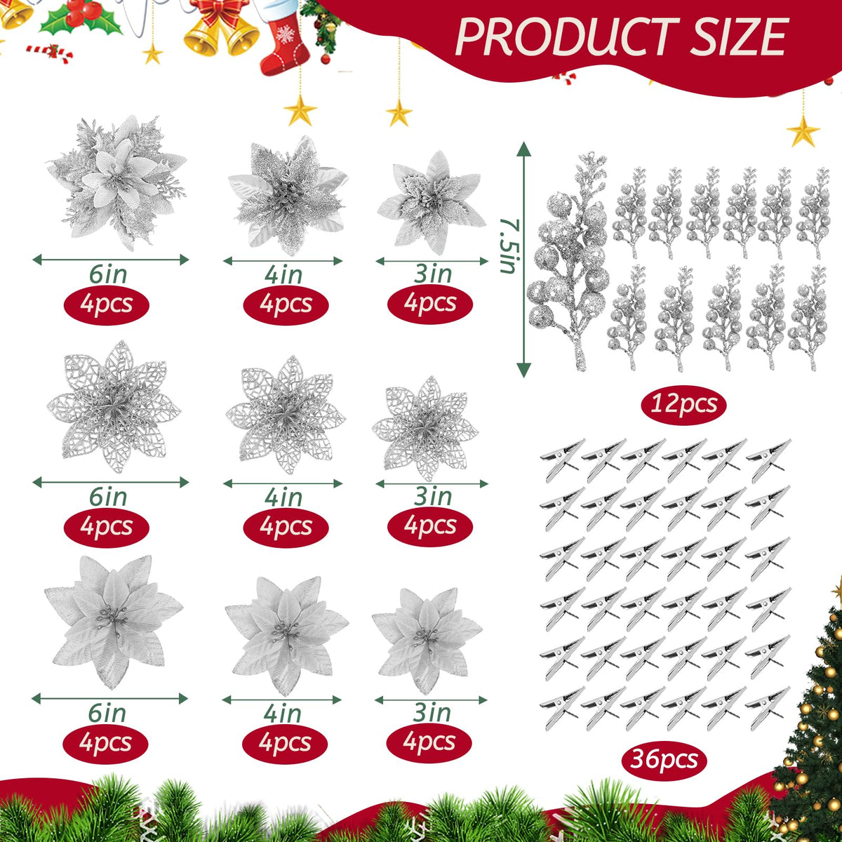 Zeyune 48 Pcs 3 Styles Christmas Glitter Poinsettia Flowers Artificial Berry Picks Artificial Christmas Flowers with Clips for Xmas Tree Wedding Wreath Holiday Party Decorations(Silver)