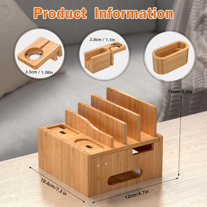 Pezin & Hulin Multiple USB Charging Station, Wooden Bamboo Dock Station for Cell Phones, Tablets, Earpods and Smart Watch, Including Power Charger HUB, 5 Cables -Natural Bamboo