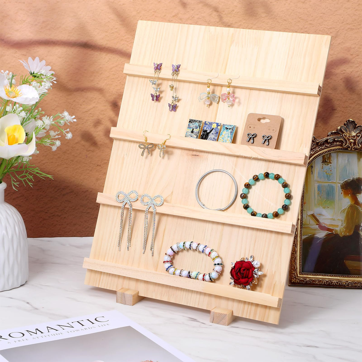 Leooomap 2-Pack 4-Tier Wooden Earring Display Stand, Rustic Earring Display Card Holder with Slots for Jewelry Storage, Craft Shows, and Retail Storefront