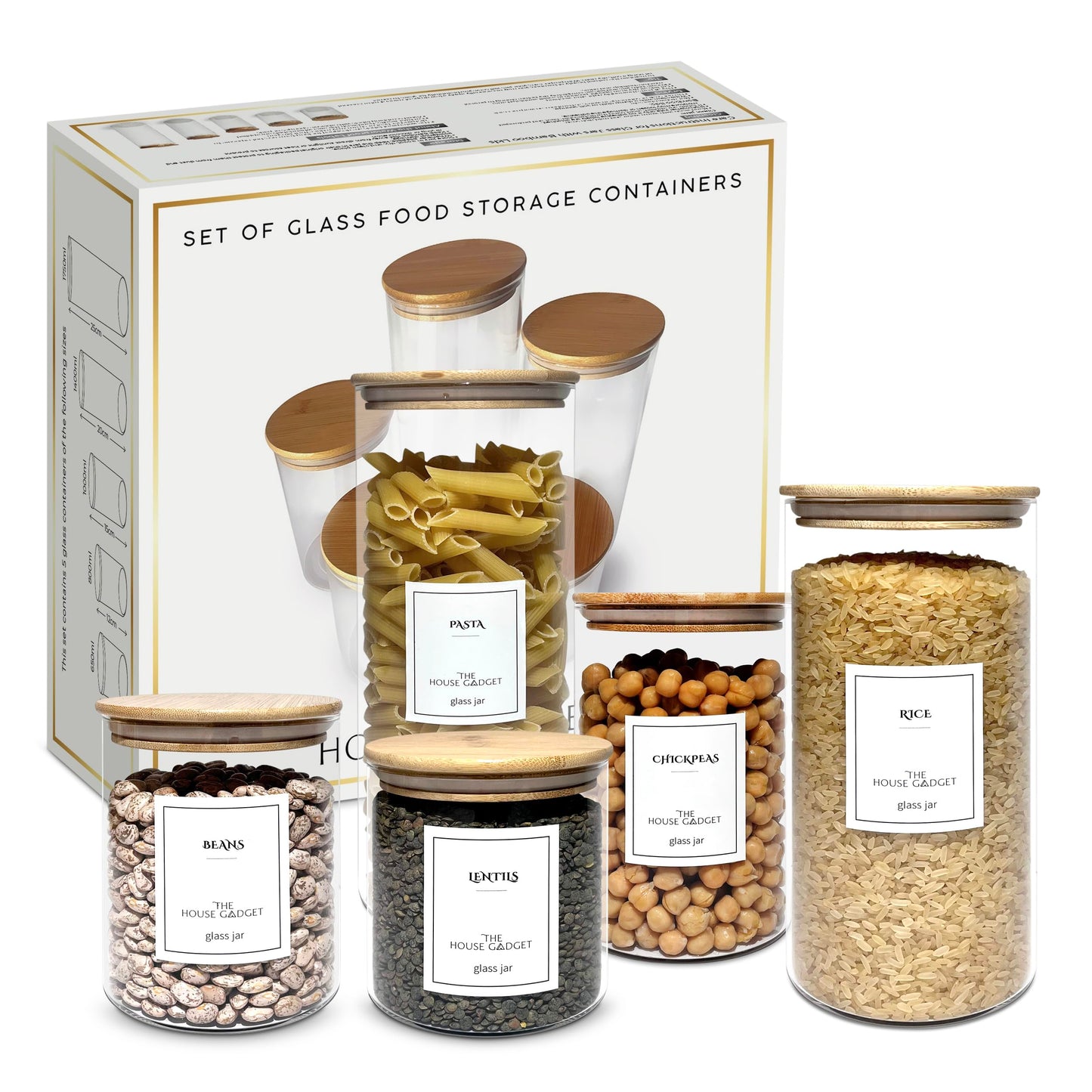TheHouseGadget 5 Food Storage Containers with Lids - Ideal Set of Glass Storage Containers for Pantry Organizers and storage - Glass Food Storage Containers with Bamboo Lids