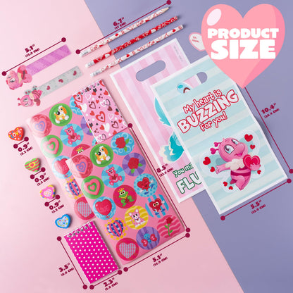JOYIN 24packs Valentines Day Stationery Gifts, 96pcs Party Favor with Pencil, Erasers, Notebook & Bags for Kids School Classroom Exchange Supplies