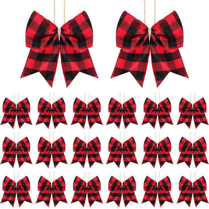 Syhood 20 Pieces Christmas Plaid Bows Ornaments Buffalo Plaid Burlap Bows for Christmas Wreaths Gift Wrapping Tree Crafts DIY Home Party Indoor Outdoor Decoration Supplies (Black and Red)